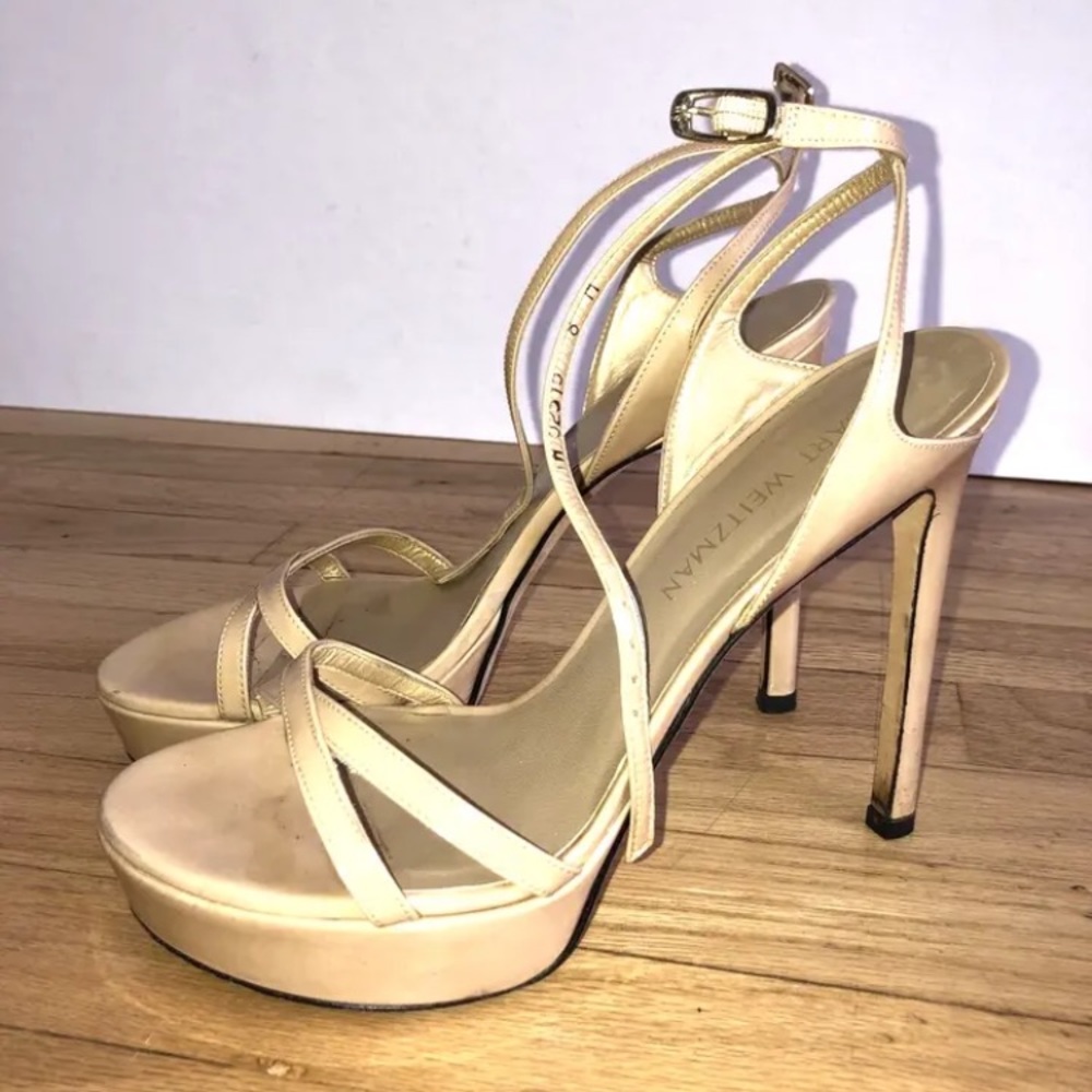 Stuart Weitzman Beige Patent Leather Strappy Heels Size 8 MK